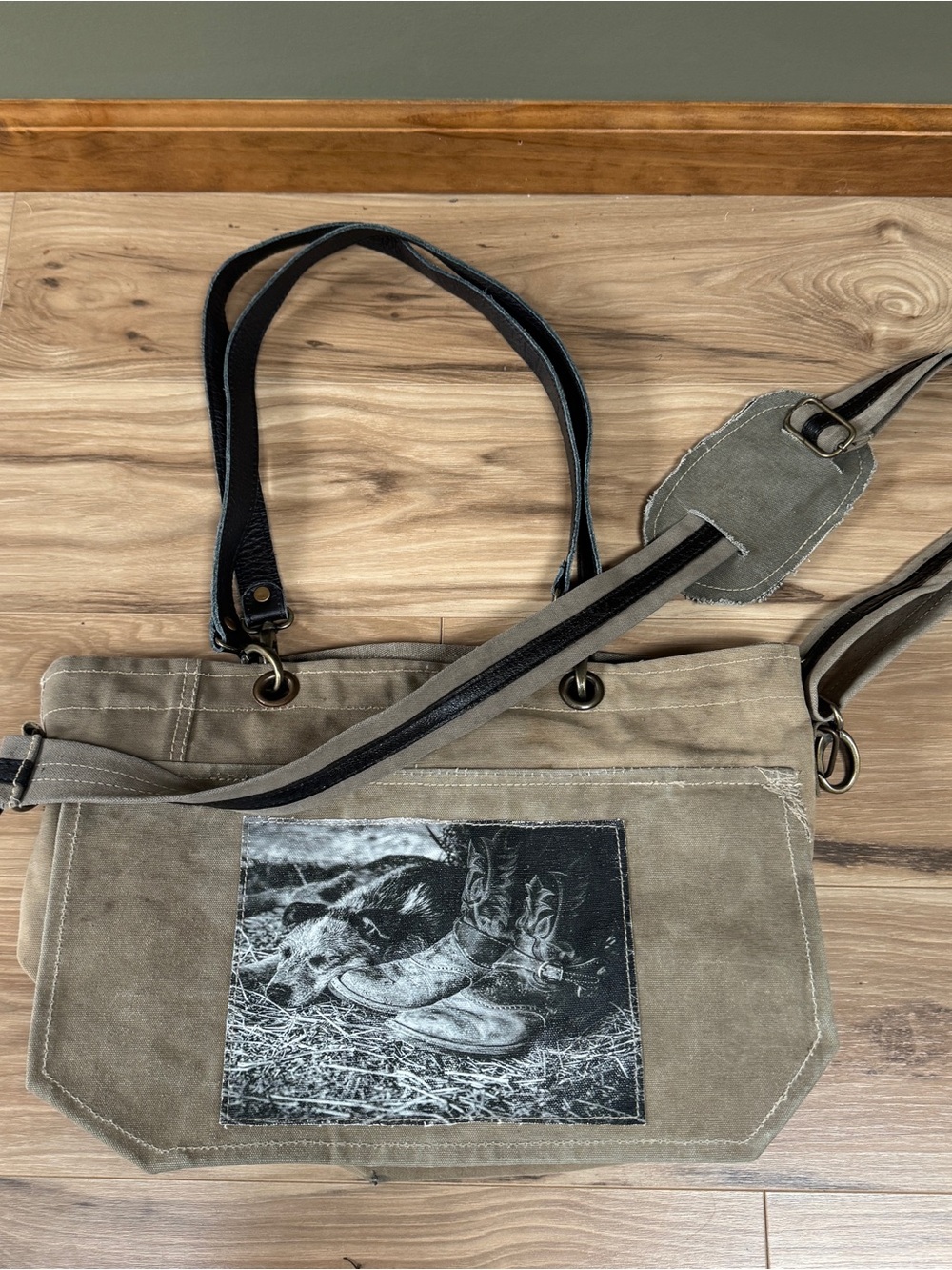 Vintage Addiction Dog Cowboy Boots Military Tent Canvas Crossbody Messenger Bag